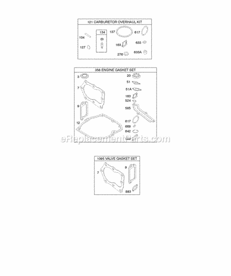 Gasket Kits Diagram and Parts List for 126T02-0289-B1  Briggs and Stratton Engine